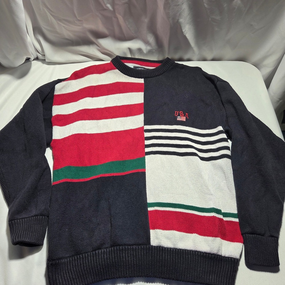Vintage Woods & Gray USA Flag Colorblock Knit Sweater Mens XL Navy Red White‎
